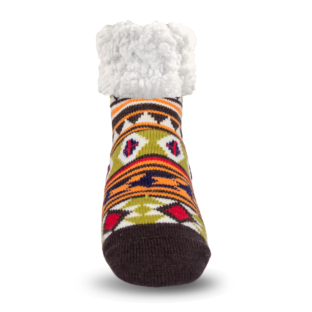 Pudus Cozy Winter Slipper Socks for Women and Men with Non-Slip Grippers and Faux Fur Sherpa Fleece - Adult Regular Fuzzy Socks Geometric Green - Classic Slipper Sock