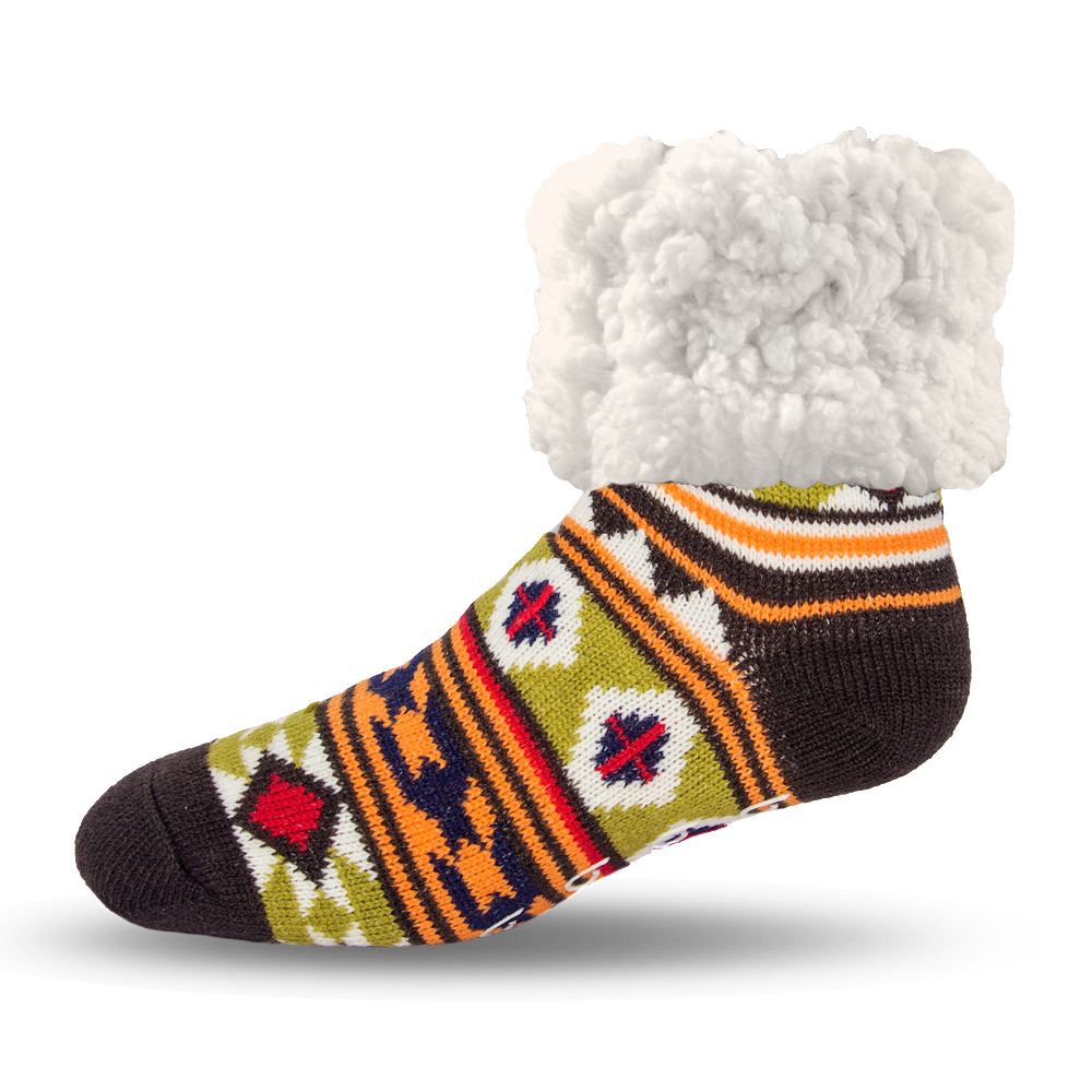 Pudus Cozy Winter Slipper Socks for Women and Men with Non-Slip Grippers and Faux Fur Sherpa Fleece - Adult Regular Fuzzy Socks Geometric Green - Classic Slipper Sock