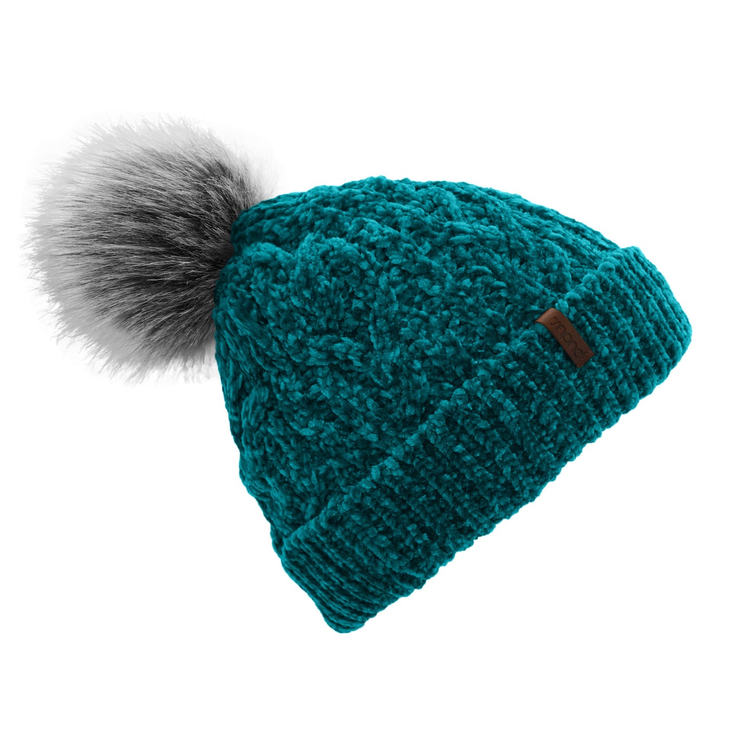 Pudus Winter Cable Knit Chenille Toque in Harbour Teal with Fuzzy Pom Pom and Faux Fur Sherpa Fleece Lining