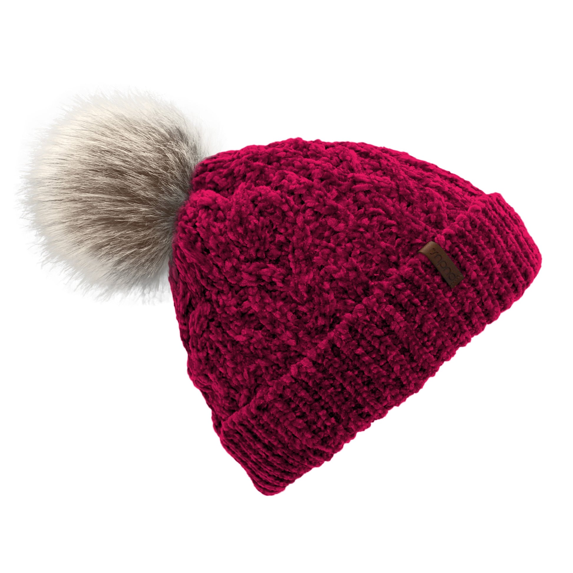Pudus Winter Cable Knit Chenille Toque in Raspberry with Fuzzy Pom Pom and Faux Fur Sherpa Fleece Lining