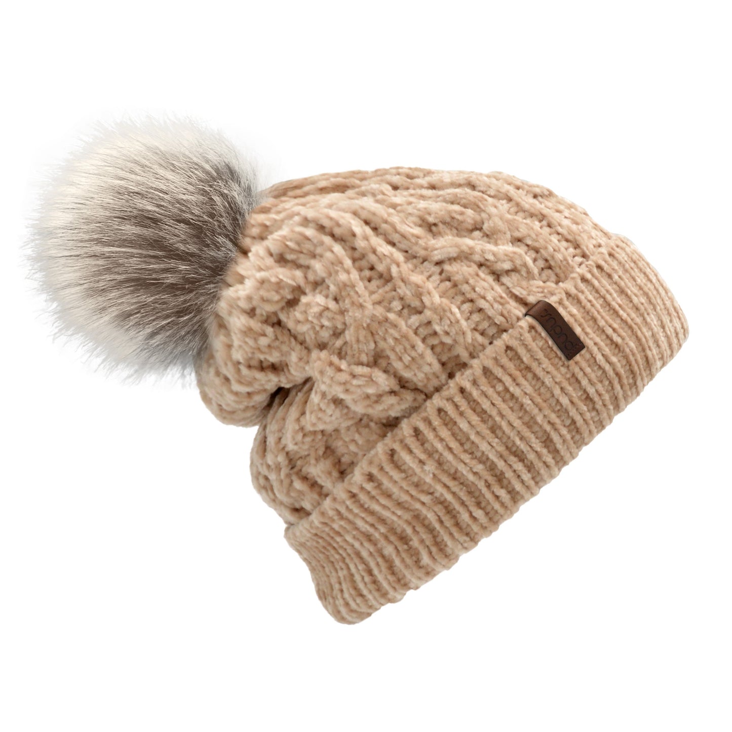 Pudus Women's Winter Beanie Hat with Faux Fur Pom Pom - Cable Knitted Chenille and Fleece Lined Slouchy Beanie Sand Chenille Cable Knit - Beanie Hat Adult