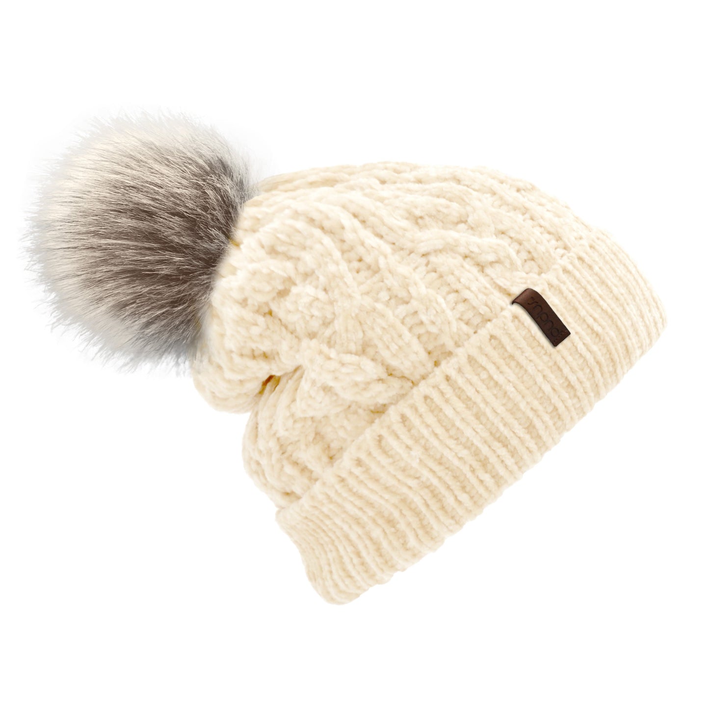 Pudus Winter Cable Knit Chenille Toque in White with Fuzzy Pom Pom and Faux Fur Sherpa Fleece Lining