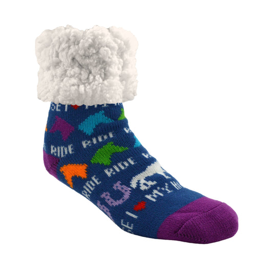 Pudus Classic Horse Blue slipper socks with purple heal and toe