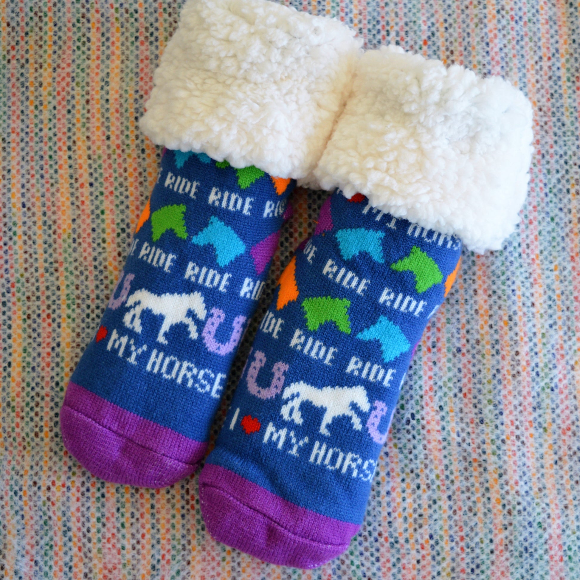 Pudus Cozy Winter Slipper Socks for Women and Men with Non-Slip Grippers and Faux Fur Sherpa Fleece - Adult Regular Fuzzy Socks I ™¡ My Horse - Classic Slipper Sock