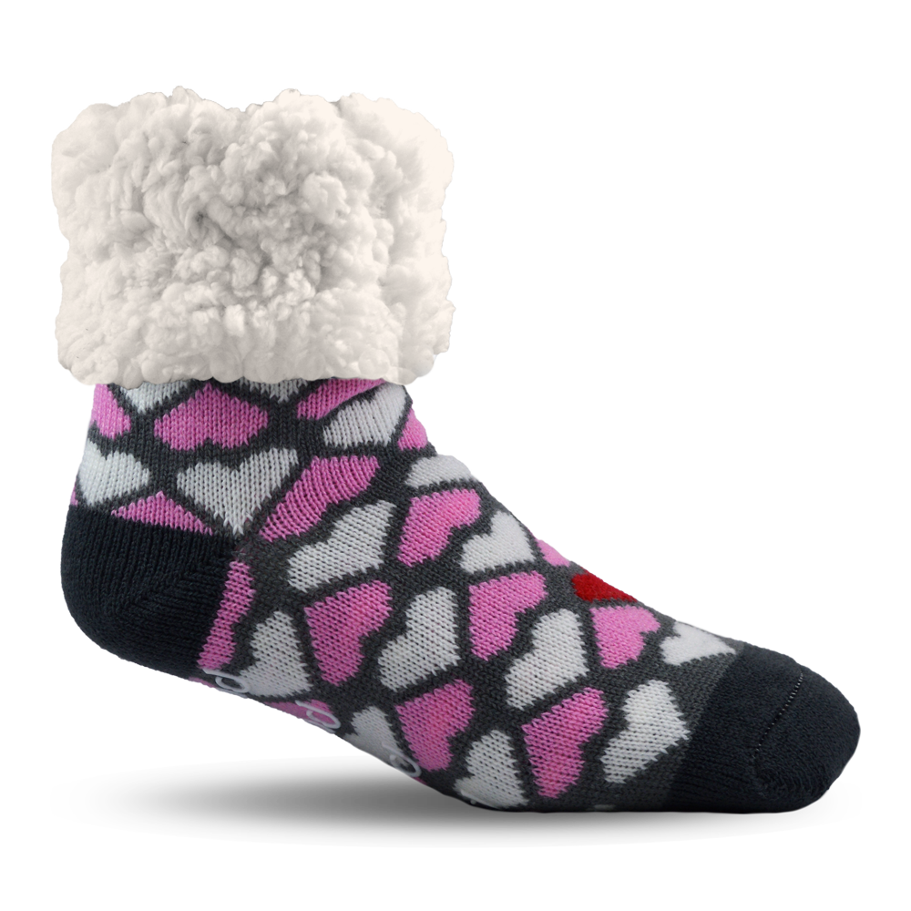Pudus Cozy Winter Slipper Socks for Women and Men with Non-Slip Grippers and Faux Fur Sherpa Fleece -  Adult Regular Fuzzy Socks Be My Valentine - Classic Slipper Sock