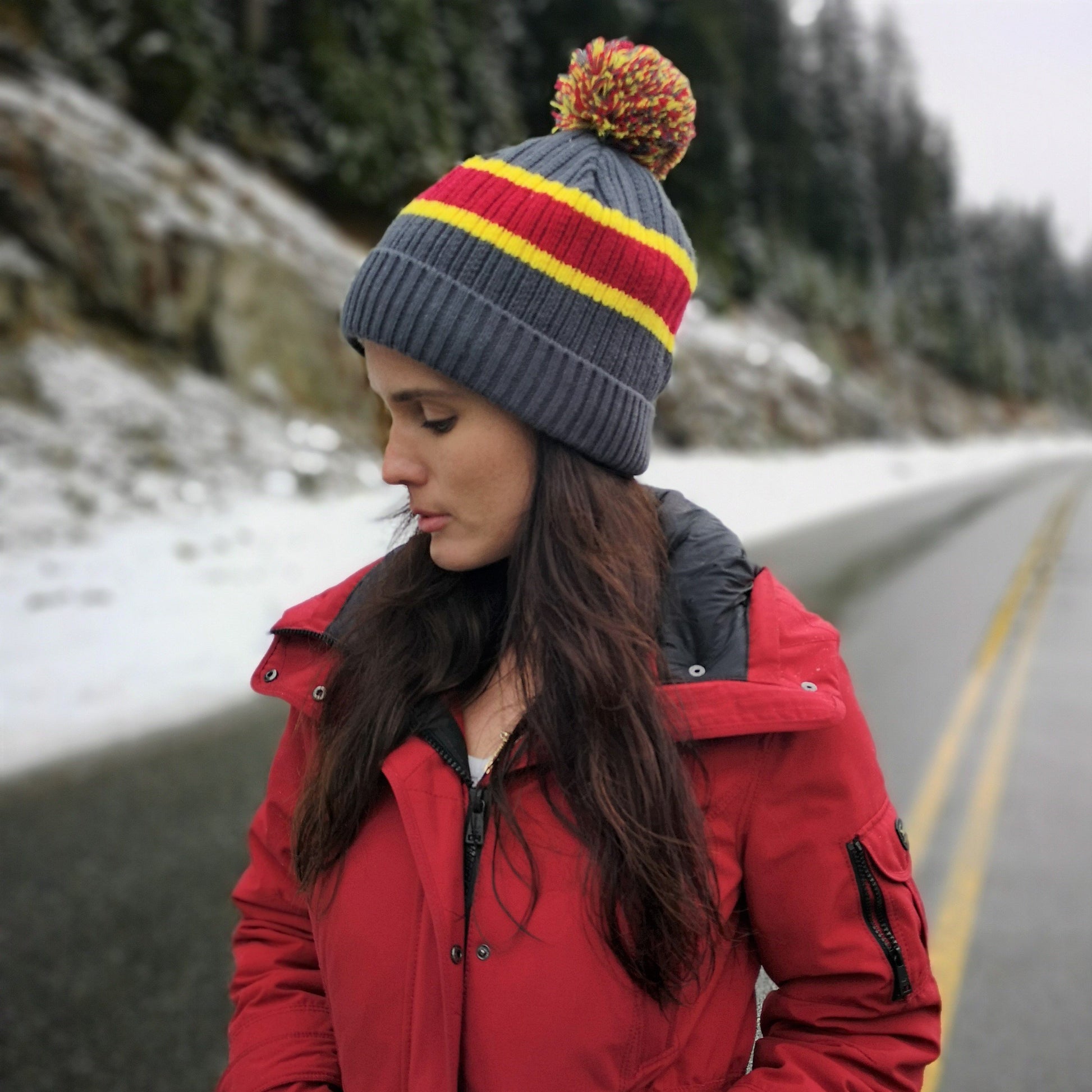 The Ky Double Pom Pom Beanie Hat in Grey