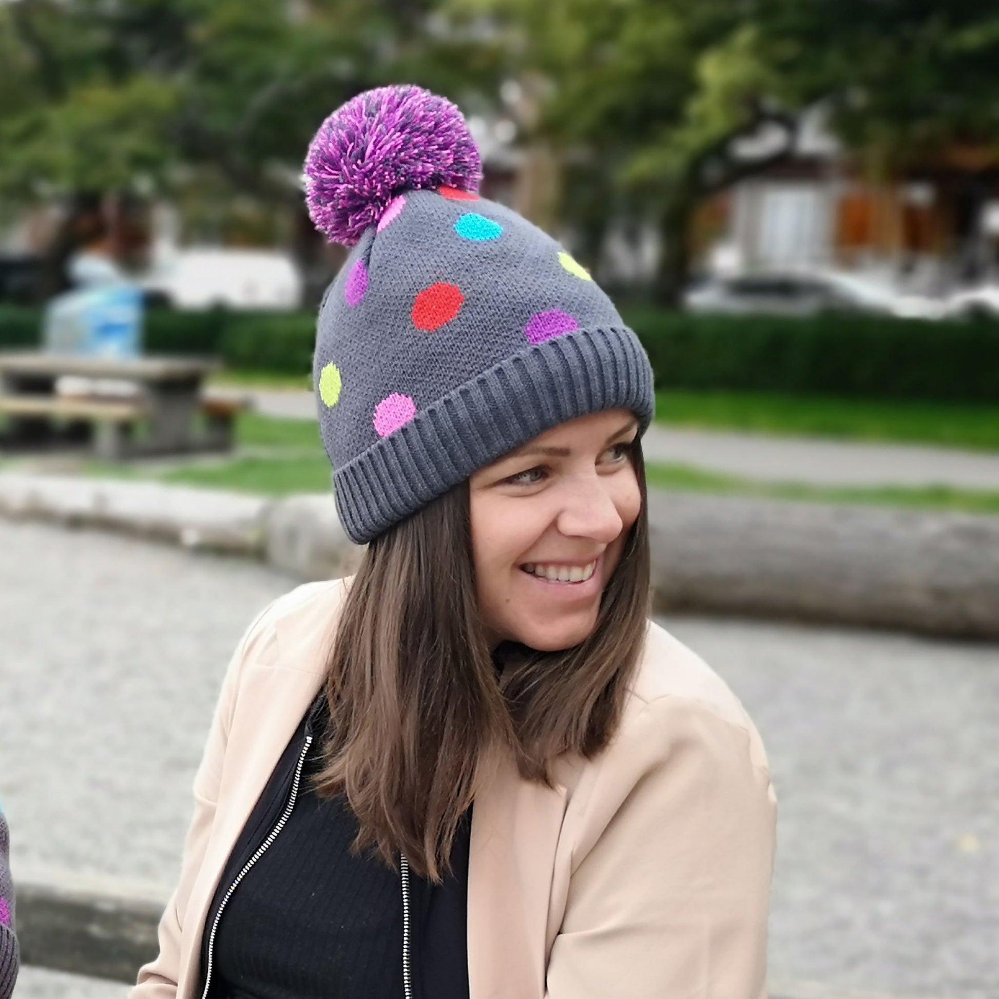 Polka Dot Multi Pom Pom Beanie Hat - Warm Winter Hat for Men & Women with Furry Sherpa Fleece Lining