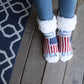 Pudus Cozy Winter Slipper Socks for Women and Men with Non-Slip Grippers and Faux Fur Sherpa Fleece - Adult Regular Fuzzy Socks USA Pride - Classic Slipper Sock