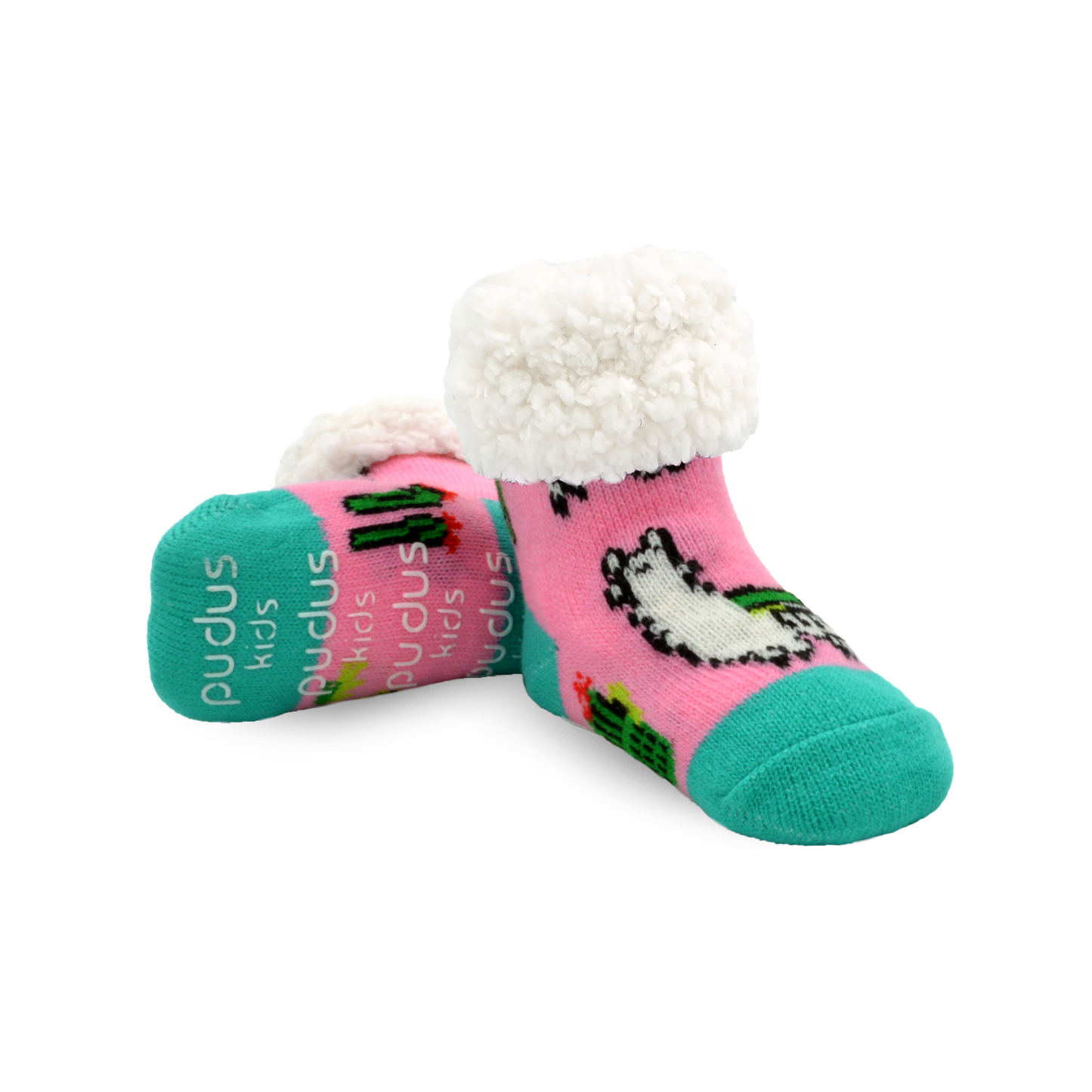 Pudus Cozy Winter Slipper Socks for Kids with Non-Slip Grippers and Faux Fur Sherpa Fleece - Boy and Girl Fuzzy Socks (Ages 4-7) Llama Pink - Classic Slipper Sock Kids