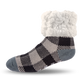 Pudus Cozy Winter Slipper Socks for Women and Men with Non-Slip Grippers and Faux Fur Sherpa Fleece - Adult Regular Fuzzy Socks Regular and Large Lumberjack Grey - Classic Slipper Sock