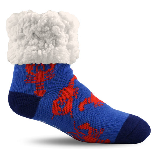 Pudus Cozy Winter Slipper Socks for Women and Men with Non-Slip Grippers and Faux Fur Sherpa Fleece - Adult Regular Fuzzy Socks Lobster Blue - Classic Slipper Socks