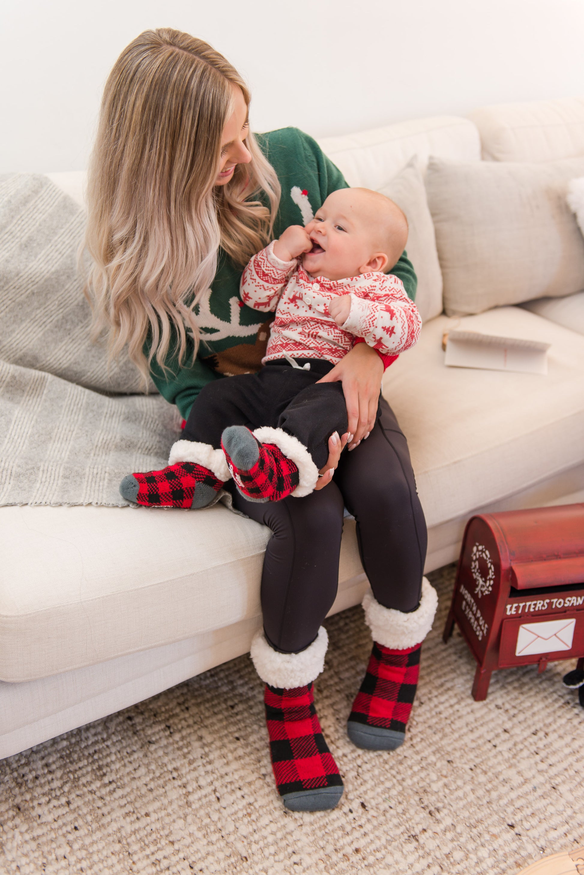 Pudus Cozy Winter Slipper Socks for Toddlers with Non-Slip Grippers and Faux Fur Sherpa Fleece - Baby Boy and Girl Fuzzy Socks (Ages 1-3) Lumberjack Red - Toddler Slipper Sock