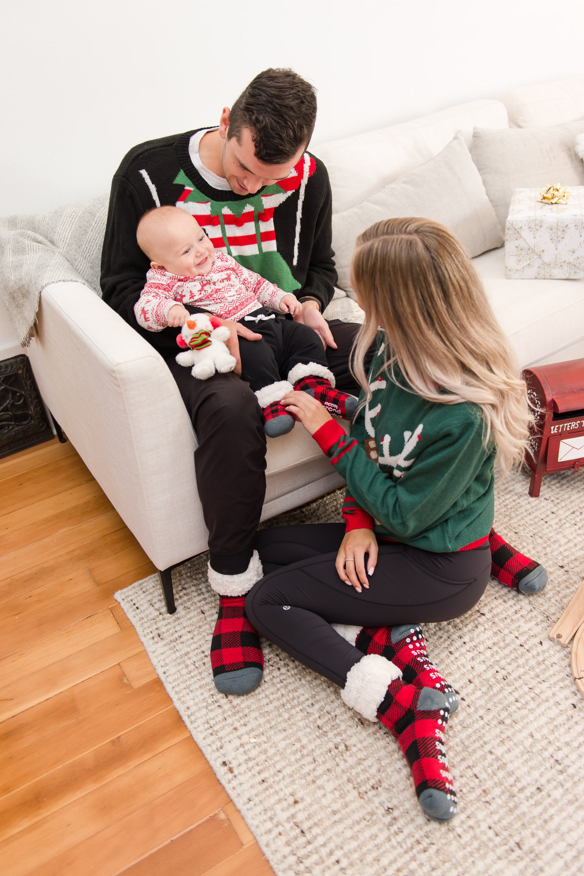 Pudus Cozy Winter Slipper Socks for Toddlers with Non-Slip Grippers and Faux Fur Sherpa Fleece - Baby Boy and Girl Fuzzy Socks (Ages 1-3) Lumberjack Red - Toddler Slipper Sock