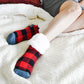 Pudus Cozy Winter Slipper Socks for Women and Men with Non-Slip Grippers and Faux Fur Sherpa Fleece - Adult Regular Fuzzy Regular and Large Socks Red Lumberjack - Classic Slipper Sock