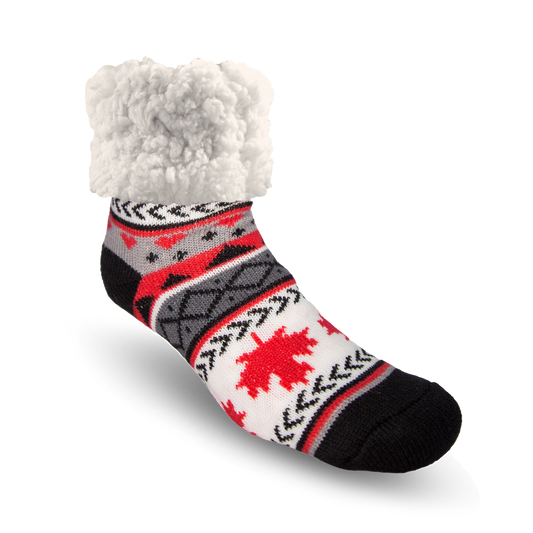 Pudus Cozy Winter Slipper Socks for Women and Men with Non-Slip Grippers and Faux Fur Sherpa Fleece - Adult Regular Fuzzy Socks Maple Leaf Grey - Classic Slipper Sock
