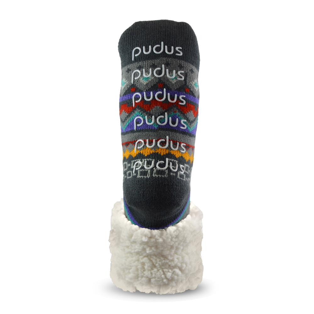 Pudus Cozy Winter Slipper Socks for Women and Men with Non-Slip Grippers and Faux Fur Sherpa Fleece - Adult Regular Fuzzy Socks Nordic Grey - Classic Slipper Sock
