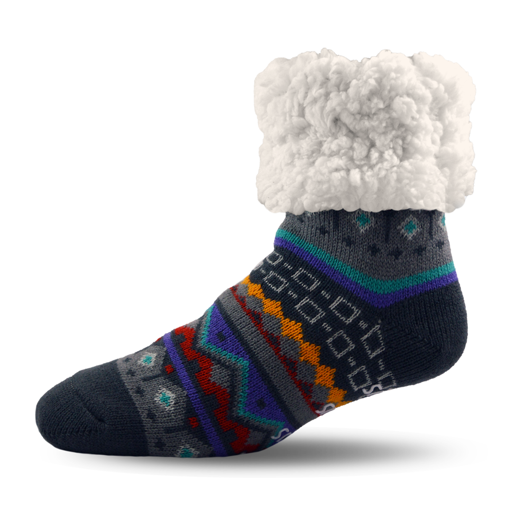 Pudus Cozy Winter Slipper Socks for Women and Men with Non-Slip Grippers and Faux Fur Sherpa Fleece - Adult Regular Fuzzy Socks Nordic Grey - Classic Slipper Sock