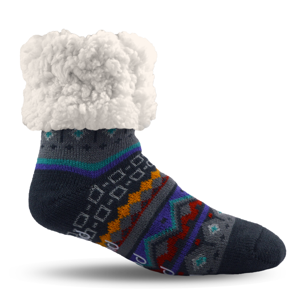 Pudus Cozy Winter Slipper Socks for Women and Men with Non-Slip Grippers and Faux Fur Sherpa Fleece - Adult Regular Fuzzy Socks Nordic Grey - Classic Slipper Sock