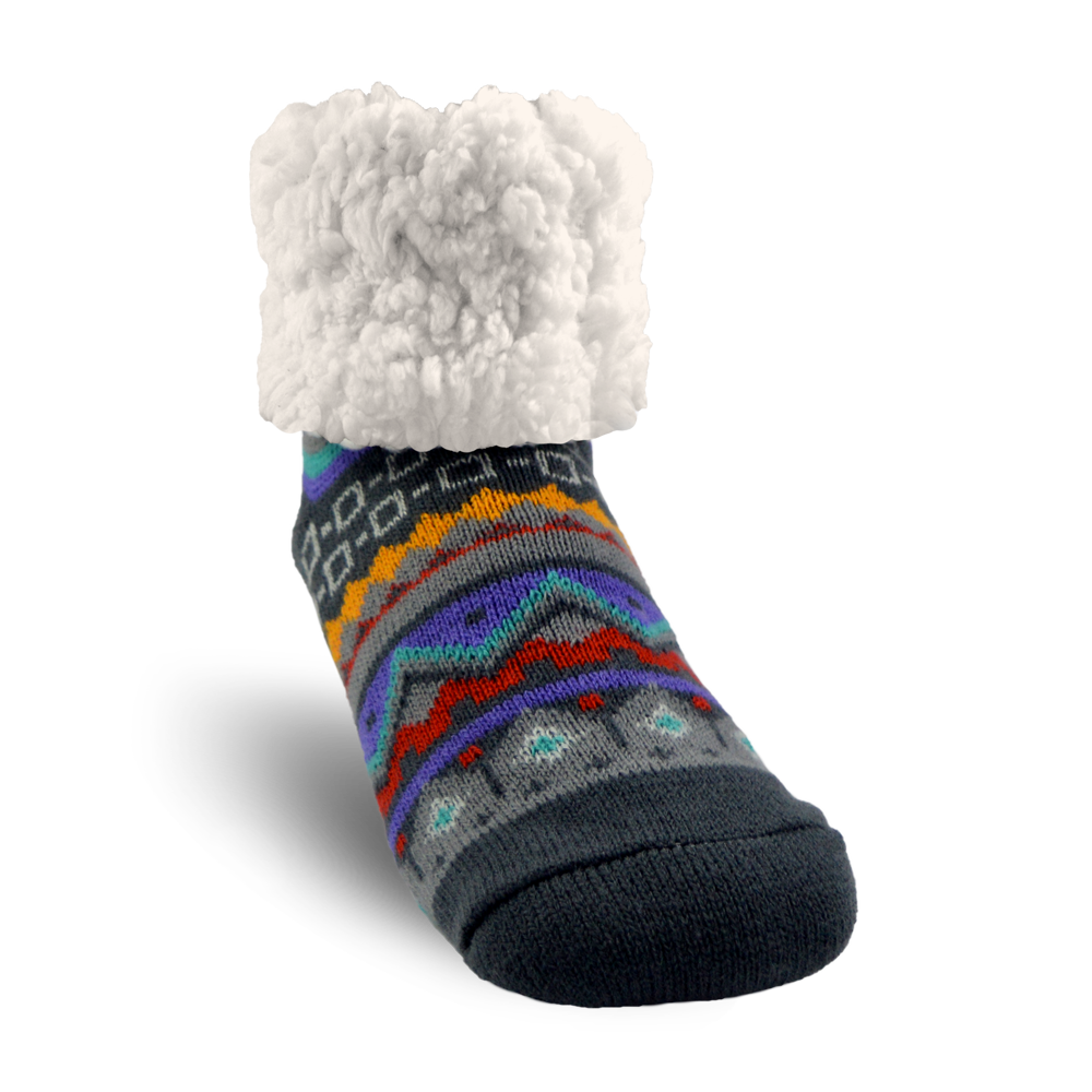 Pudus Cozy Winter Slipper Socks for Women and Men with Non-Slip Grippers and Faux Fur Sherpa Fleece - Adult Regular Fuzzy Socks Nordic Grey - Classic Slipper Sock
