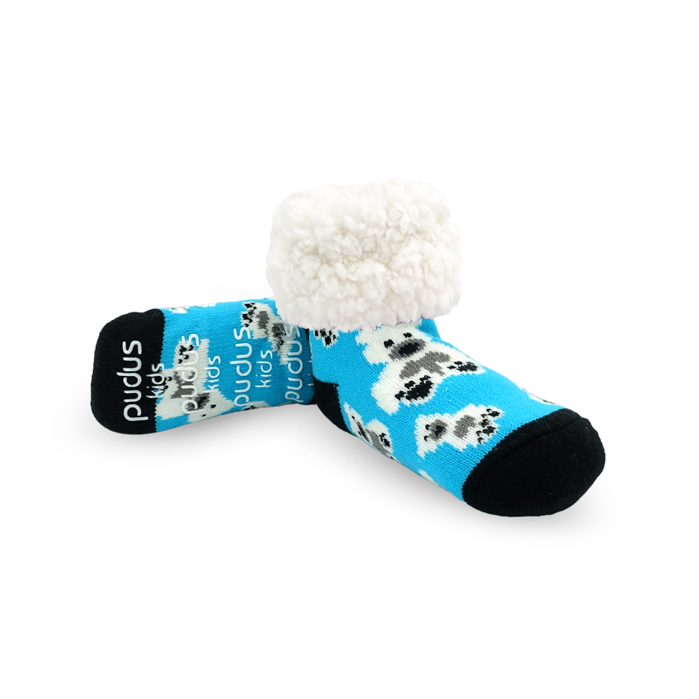 Pudus Cozy Winter Slipper Socks for Kids with Non-Slip Grippers and Faux Fur Sherpa Fleece - Boy and Girl Fuzzy Socks (Ages 4-7) Polar Bear - Kids Slipper Sock