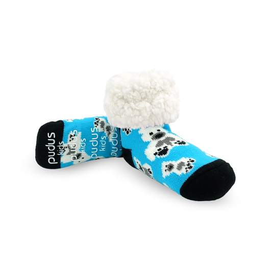 Pudus Cozy Winter Slipper Socks for Kids with Non-Slip Grippers and Faux Fur Sherpa Fleece - Boy and Girl Fuzzy Socks (Ages 4-7) Polar Bear - Kids Slipper Sock