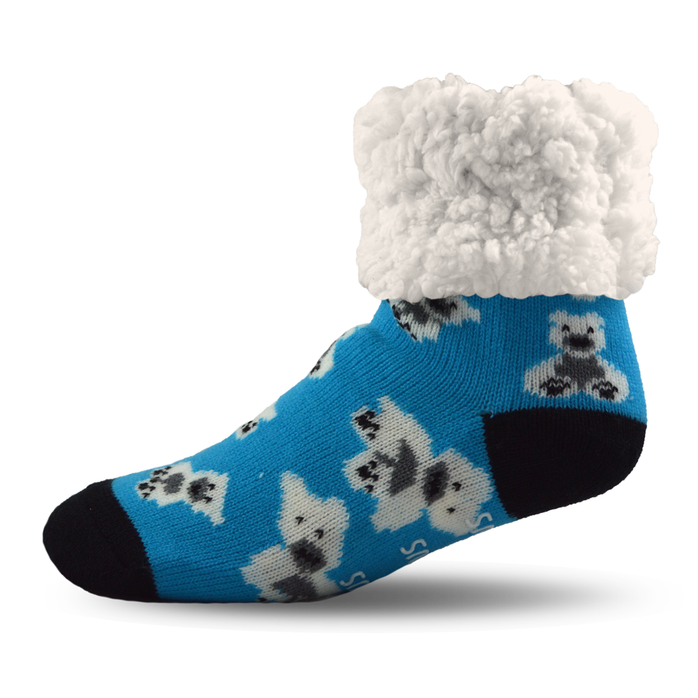 Pudus Cozy Winter Slipper Socks for Kids with Non-Slip Grippers and Faux Fur Sherpa Fleece - Boy and Girl Fuzzy Socks (Ages 4-7) Polar Bear - Kids Slipper Sock
