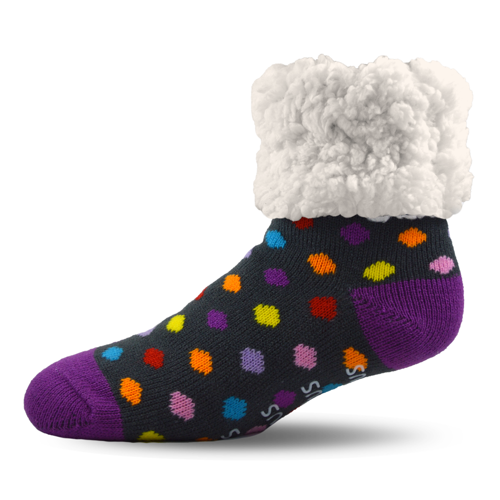 Pudus Cozy Winter Slipper Socks for Women and Men with Non-Slip Grippers and Faux Fur Sherpa Fleece - Adult Regular Fuzzy Socks Polka Dot Multi - Classic Slipper Sock