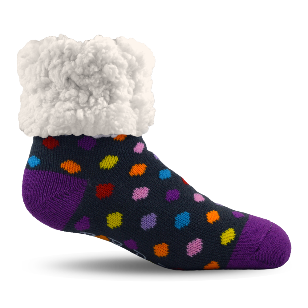 Pudus Cozy Winter Slipper Socks for Women and Men with Non-Slip Grippers and Faux Fur Sherpa Fleece - Adult Regular Fuzzy Socks Polka Dot Multi - Classic Slipper Sock