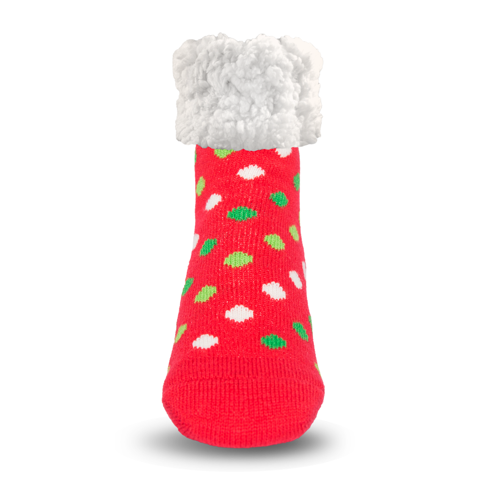 Pudus Cozy Winter Slipper Socks for Women and Men with Non-Slip Grippers and Faux Fur Sherpa Fleece - Adult Regular Fuzzy Red Polka Dot - Classic Slipper Sock