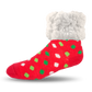 Pudus Cozy Winter Slipper Socks for Women and Men with Non-Slip Grippers and Faux Fur Sherpa Fleece - Adult Regular Fuzzy Red Polka Dot - Classic Slipper Sock
