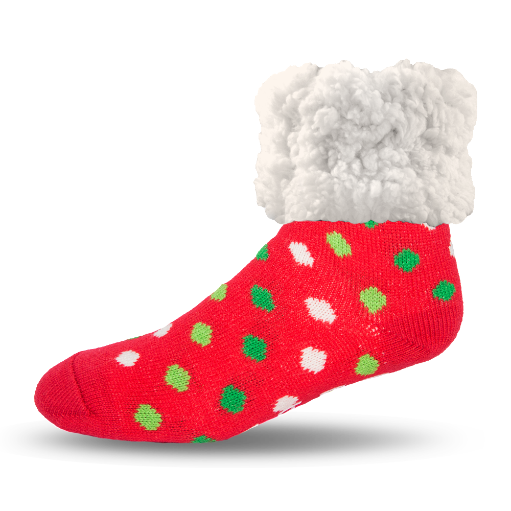 Pudus Cozy Winter Slipper Socks for Women and Men with Non-Slip Grippers and Faux Fur Sherpa Fleece - Adult Regular Fuzzy Red Polka Dot - Classic Slipper Sock
