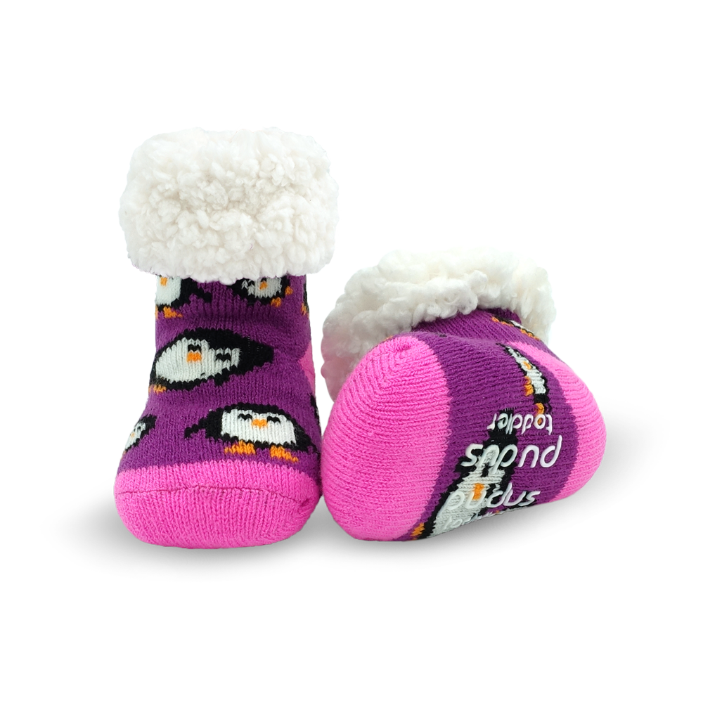 Pudus Cozy Winter Slipper Socks for Toddlers with Non-Slip Grippers and Faux Fur Sherpa Fleece - Baby Boy and Girl Fuzzy Socks (Ages 1-3) Purple Penguin - Toddler  Slipper Sock
