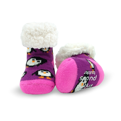 Pudus Cozy Winter Slipper Socks for Toddlers with Non-Slip Grippers and Faux Fur Sherpa Fleece - Baby Boy and Girl Fuzzy Socks (Ages 1-3) Purple Penguin - Toddler  Slipper Sock