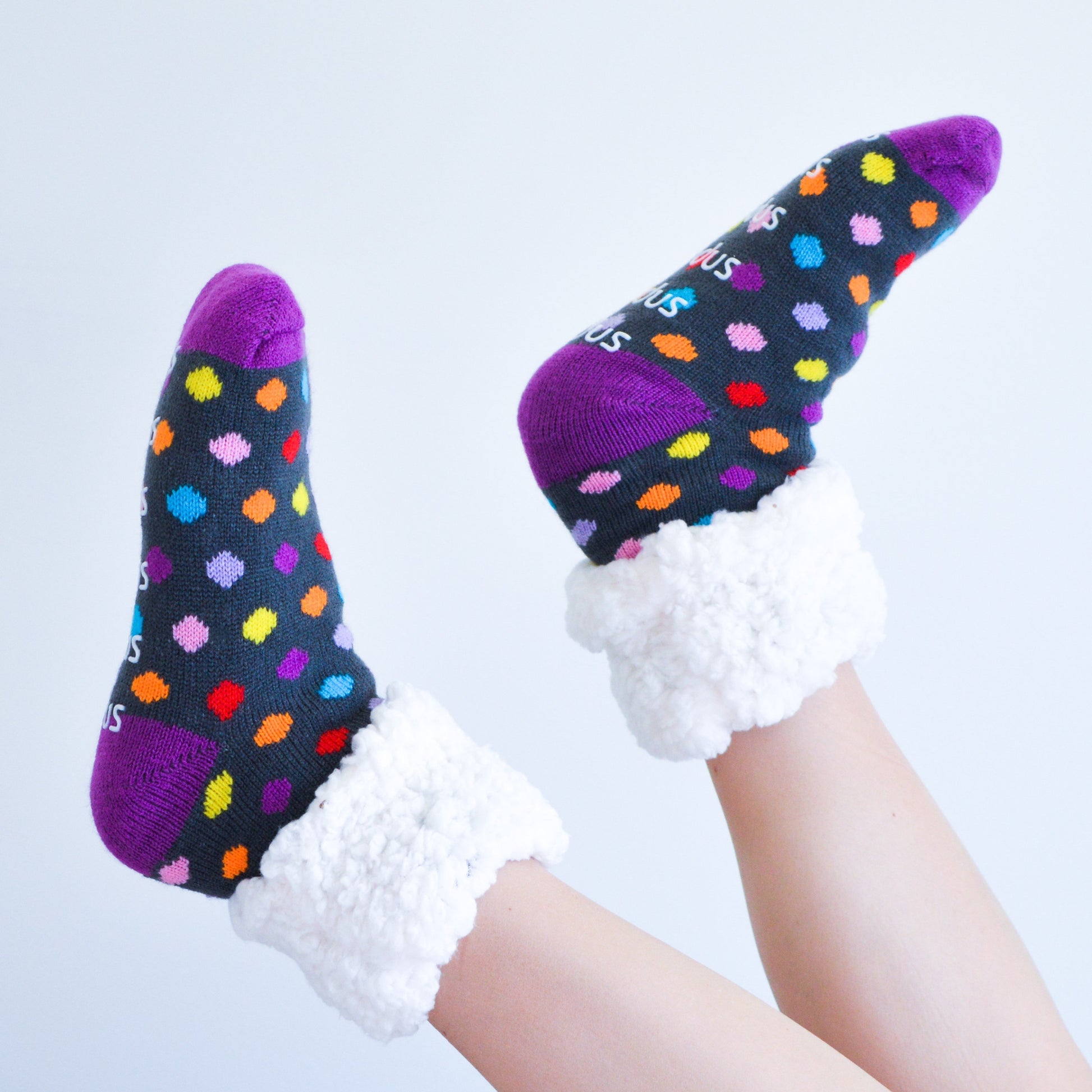 Pudus Cozy Winter Slipper Socks for Women and Men with Non-Slip Grippers and Faux Fur Sherpa Fleece - Adult Regular Fuzzy Socks Polka Dot Multi - Classic Slipper Sock