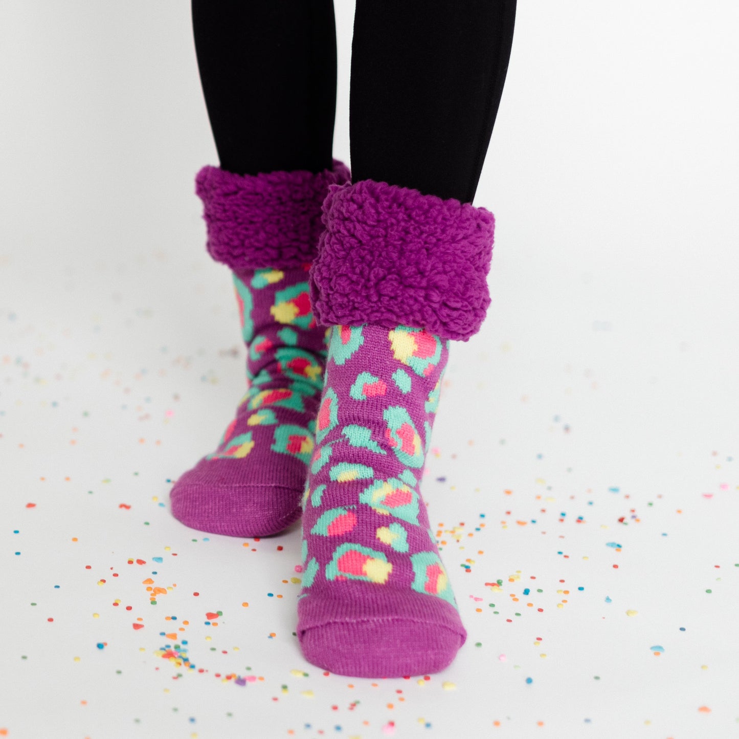Bright Classic Slipper Socks | Purple Leopard