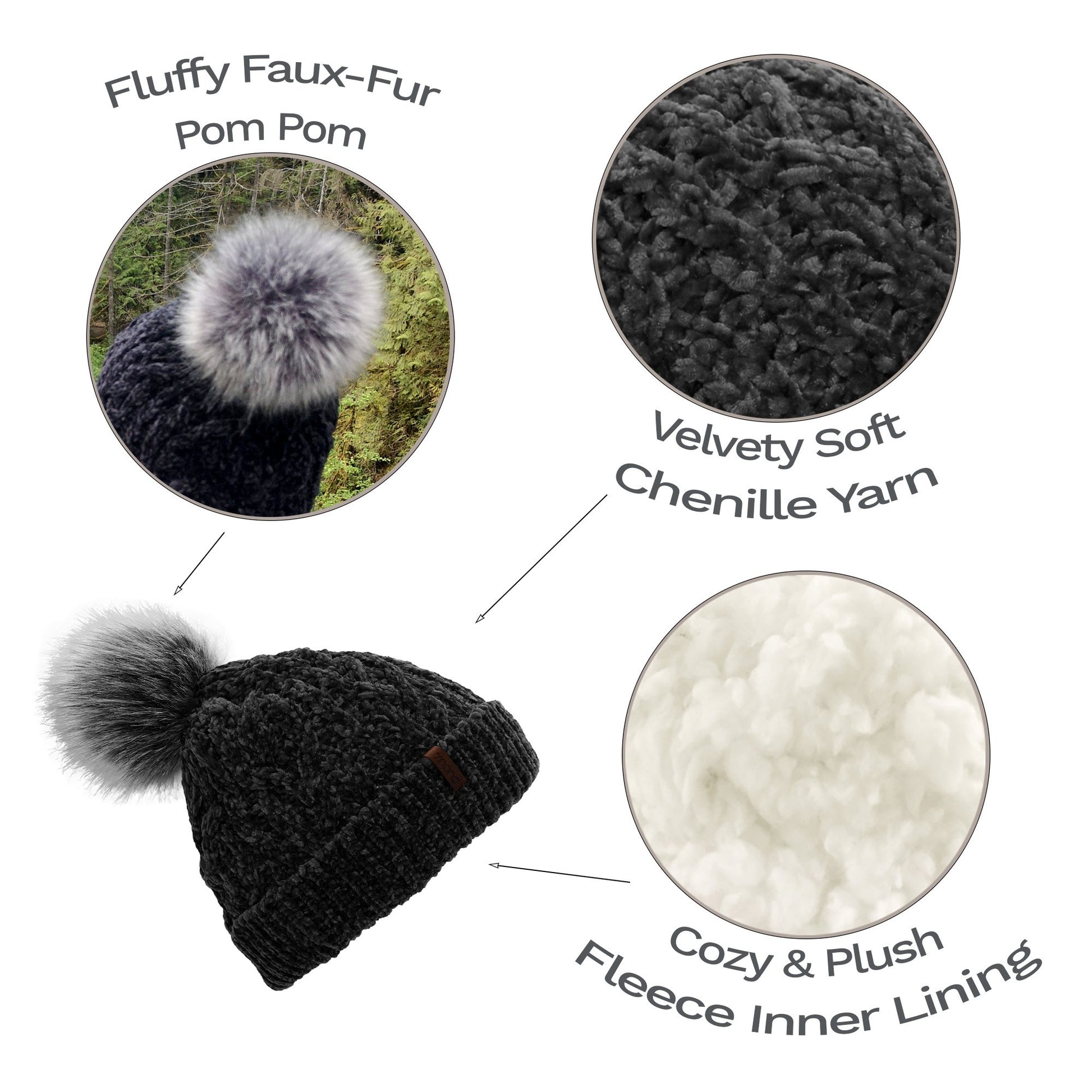 Pudus Winter Cable Knit Chenille Toque in Black with Fuzzy Pom Pom and Faux Fur Sherpa Fleece Lining