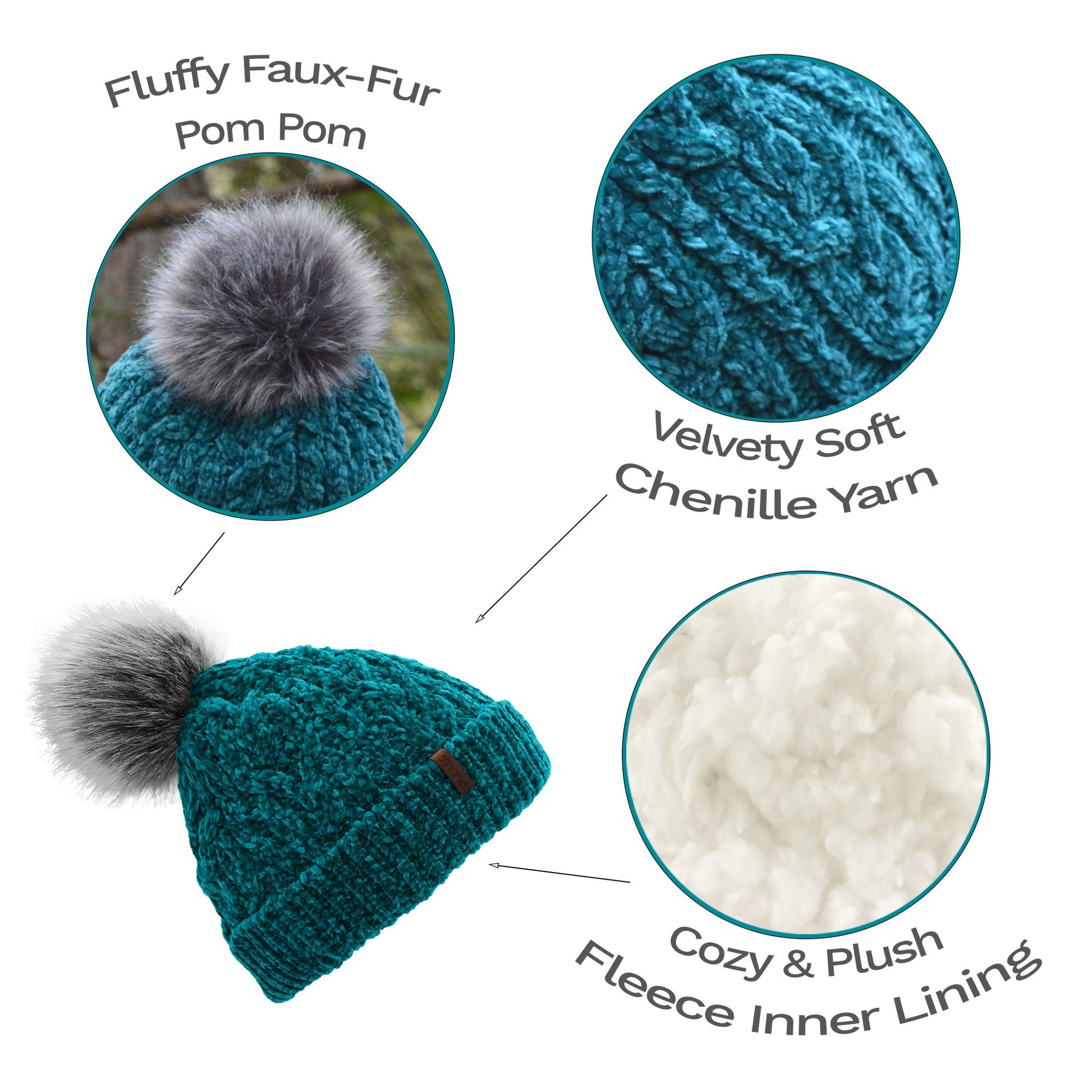 Pudus Winter Cable Knit Chenille Toque in Harbour Teal with Fuzzy Pom Pom and Faux Fur Sherpa Fleece Lining