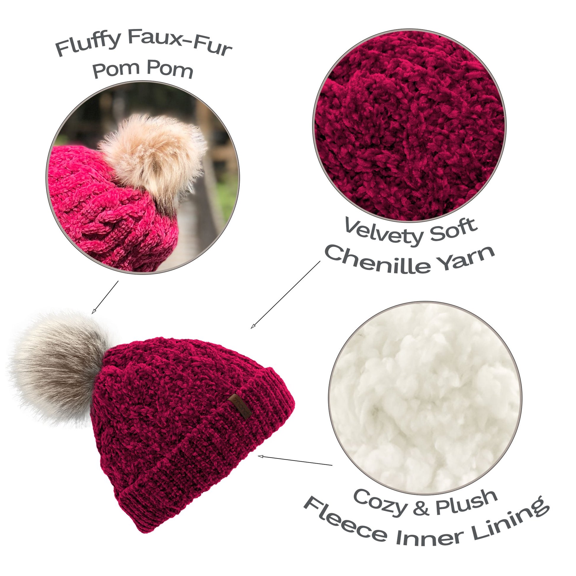 Pudus Winter Cable Knit Chenille Toque in Raspberry with Fuzzy Pom Pom and Faux Fur Sherpa Fleece Lining