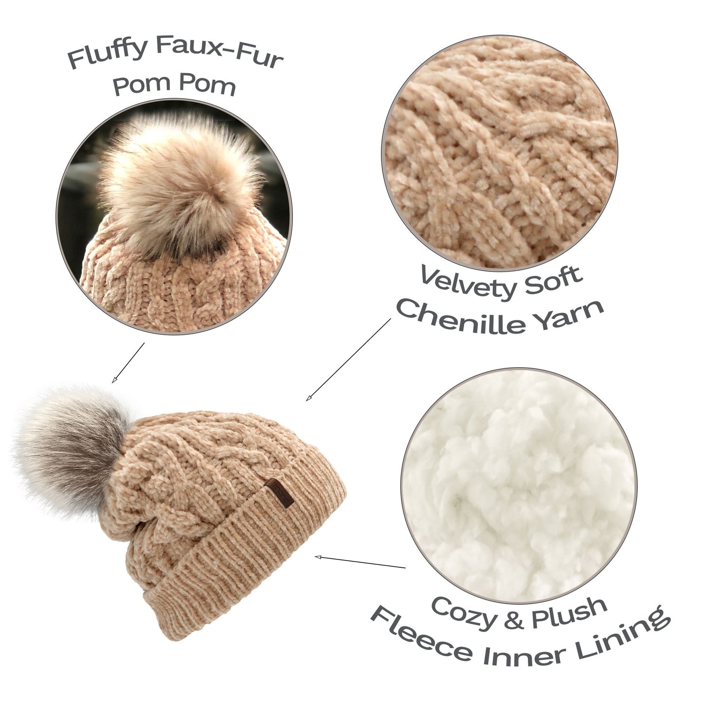 Pudus Women's Winter Beanie Hat with Faux Fur Pom Pom - Cable Knitted Chenille and Fleece Lined Slouchy Beanie Sand Chenille Cable Knit - Beanie Hat Adult