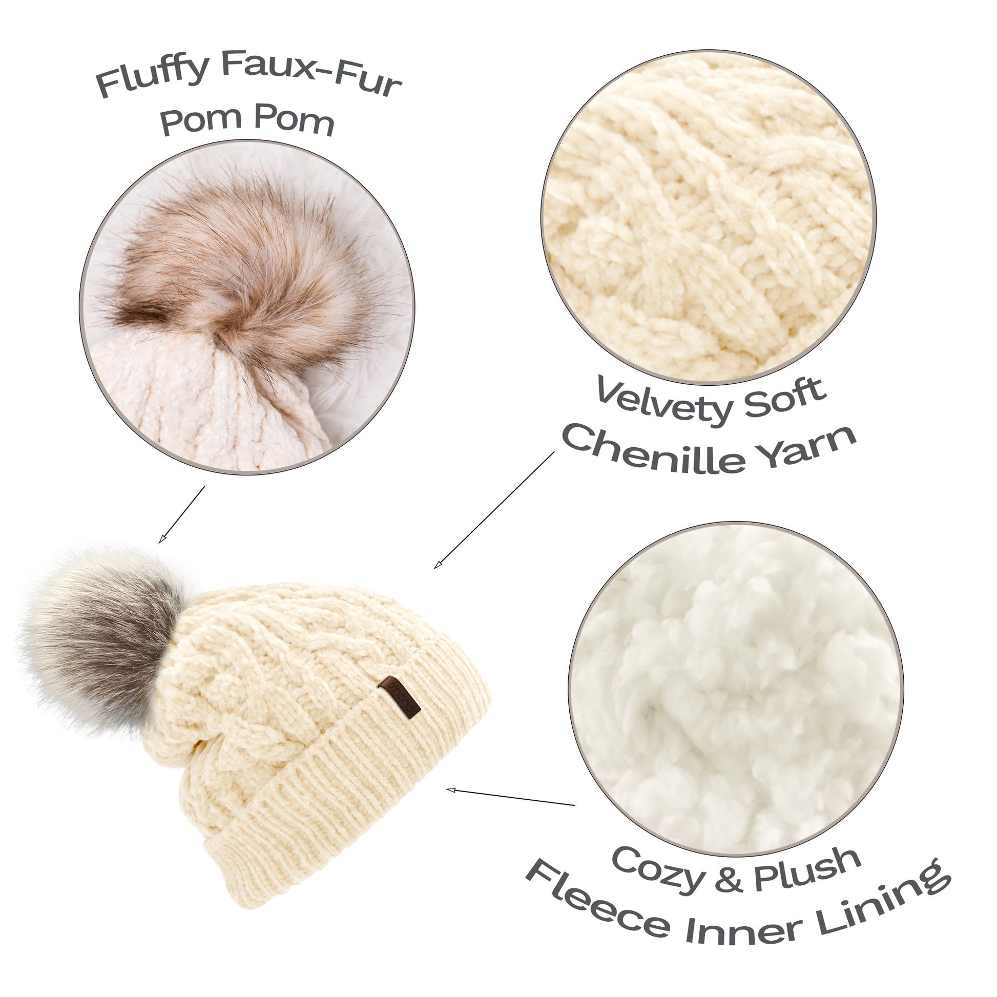 Pudus Winter Cable Knit Chenille Toque in White with Fuzzy Pom Pom and Faux Fur Sherpa Fleece Lining