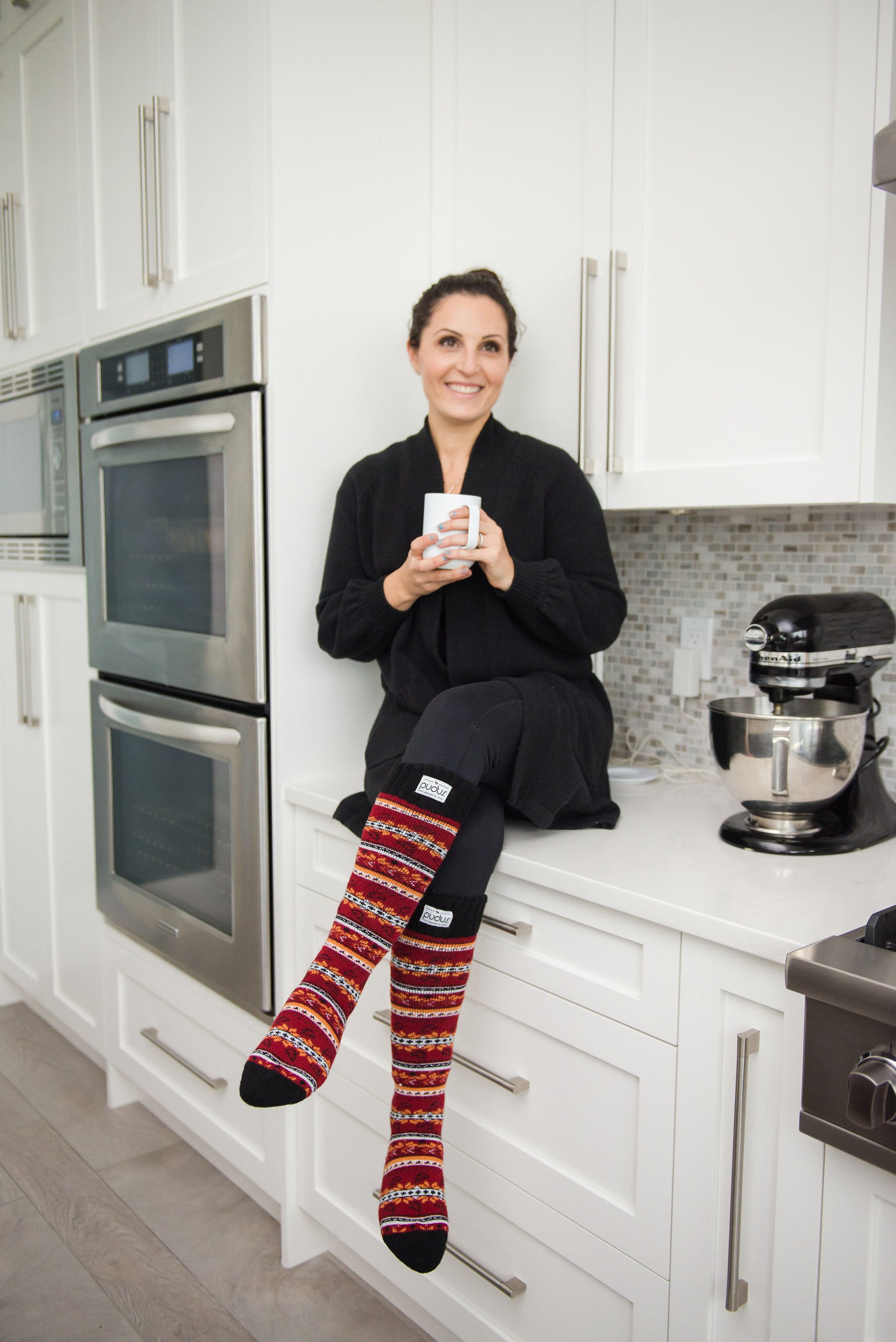 Autumn Red Tall Boot Socks With Fleece-Lining, Knee High Winter Thermal Socks