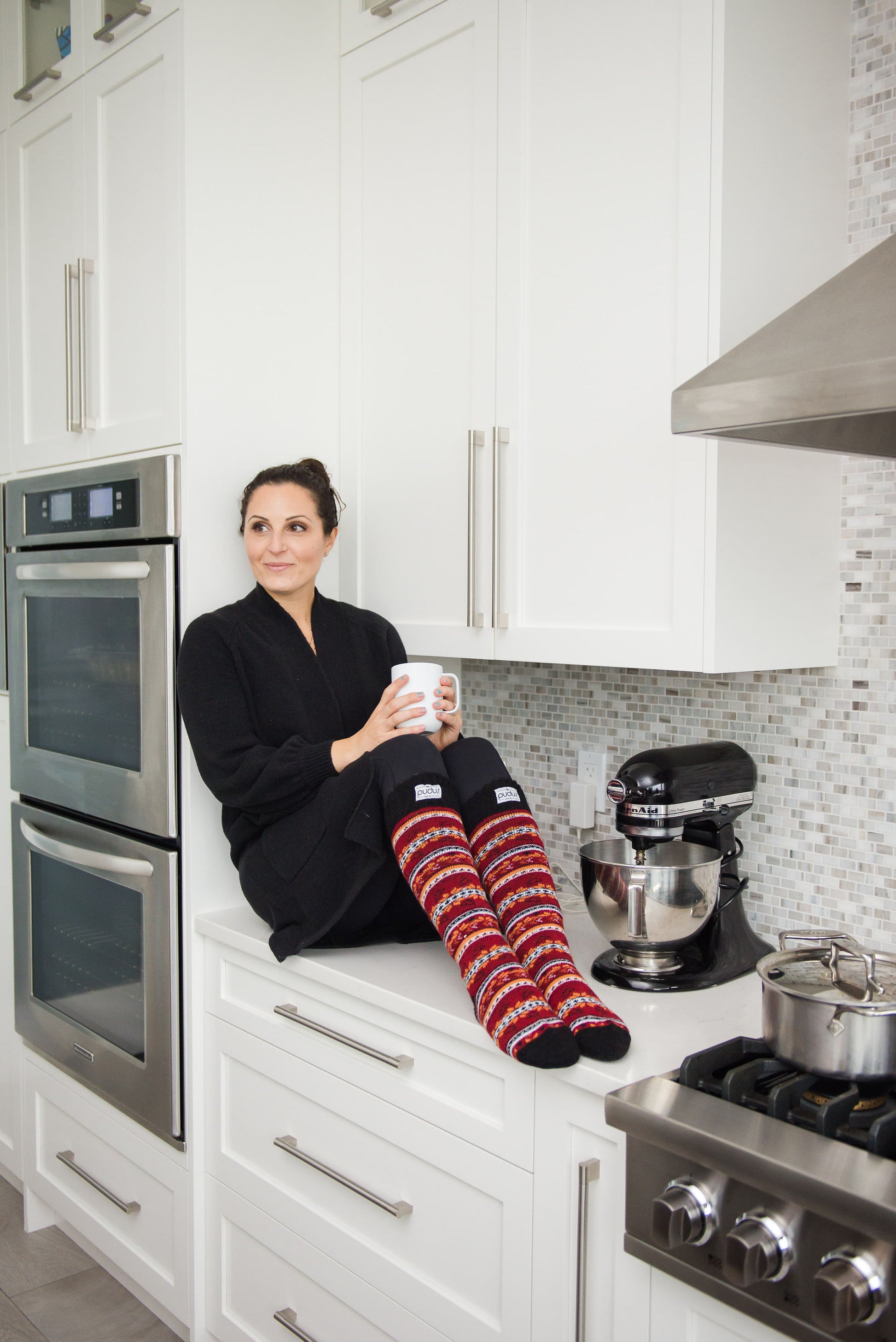 Autumn Red Tall Boot Socks With Fleece-Lining, Knee High Winter Thermal Socks