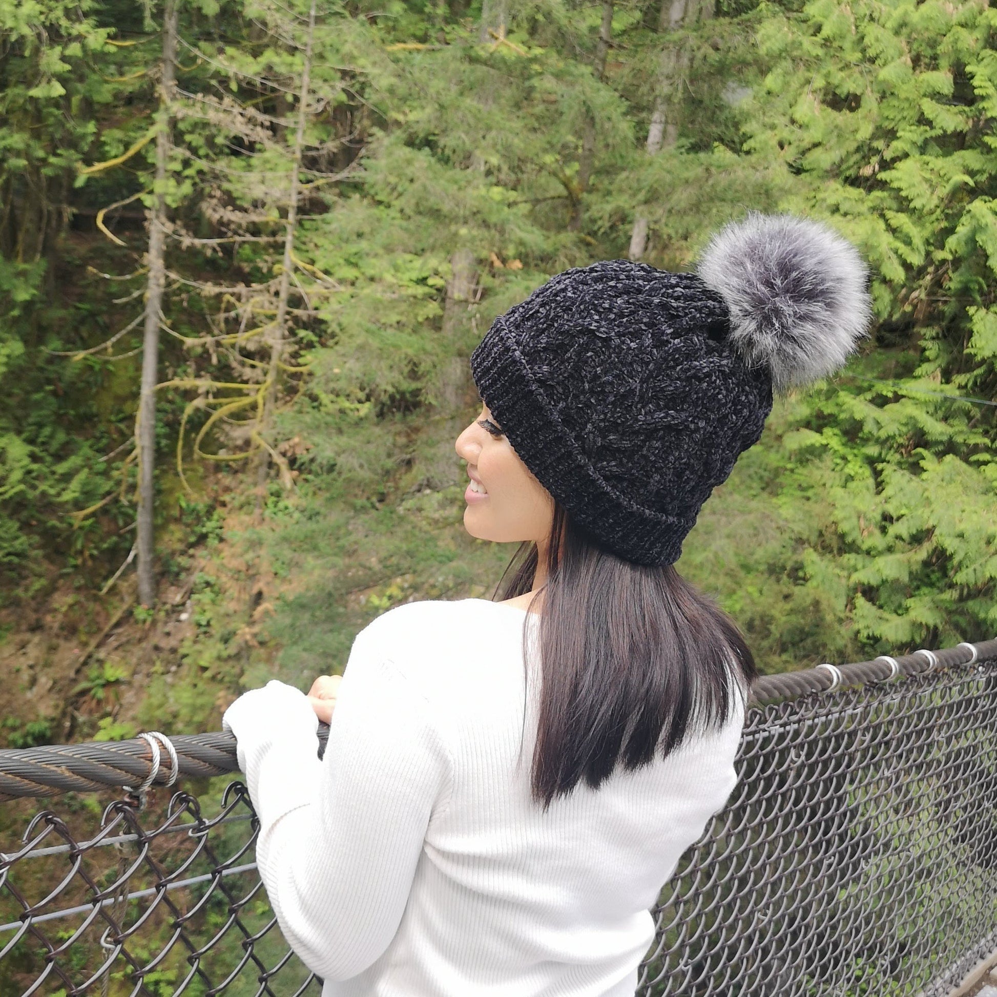 Pudus Women's Winter Beanie Hat with Faux Fur Pom Pom - Cable Knitted Chenille and Fleece Lined Slouchy Beanie Black Chenille Cable Knit - Beanie Hat Adult