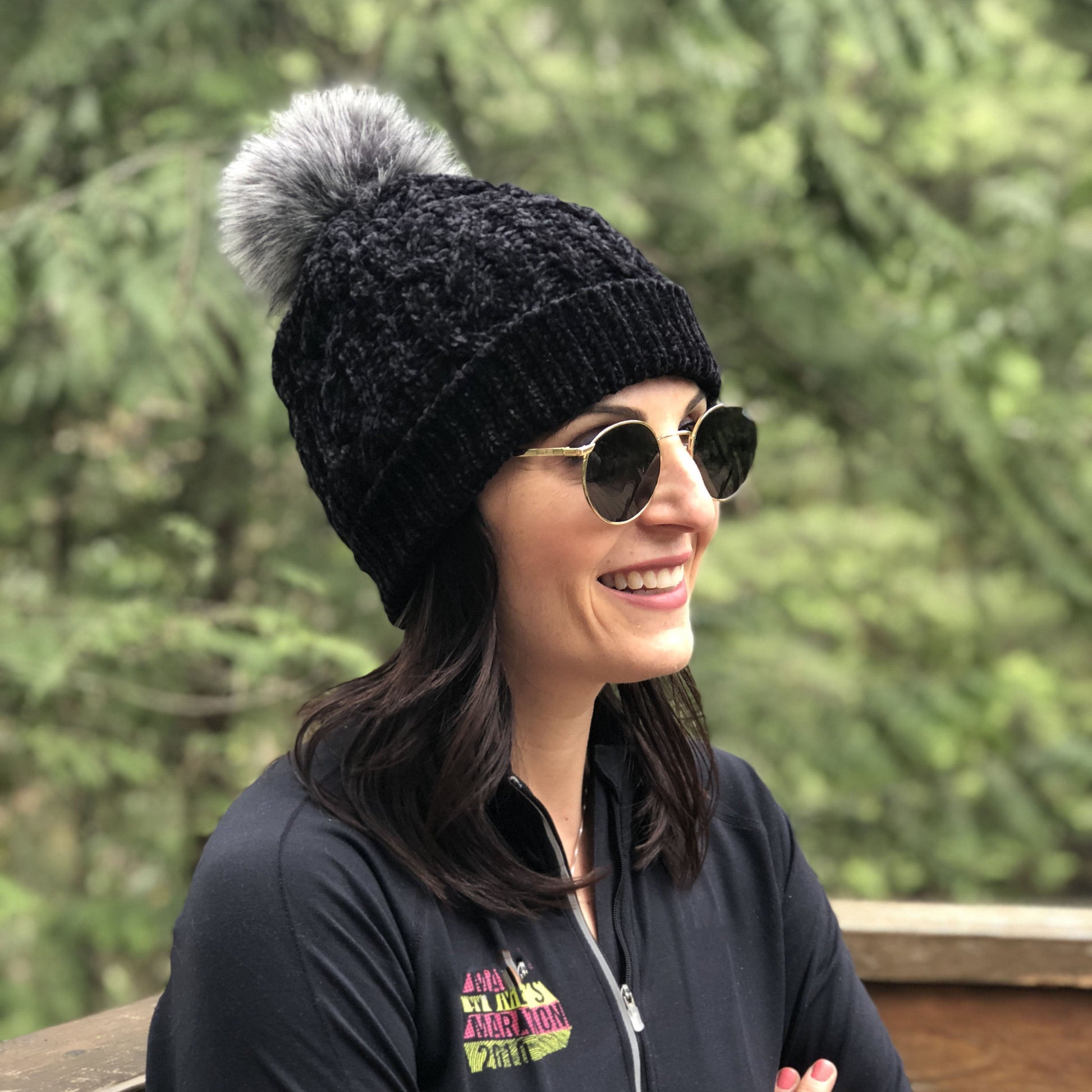 Pudus Winter Cable Knit Chenille Toque in Black with Fuzzy Pom Pom and Faux Fur Sherpa Fleece Lining