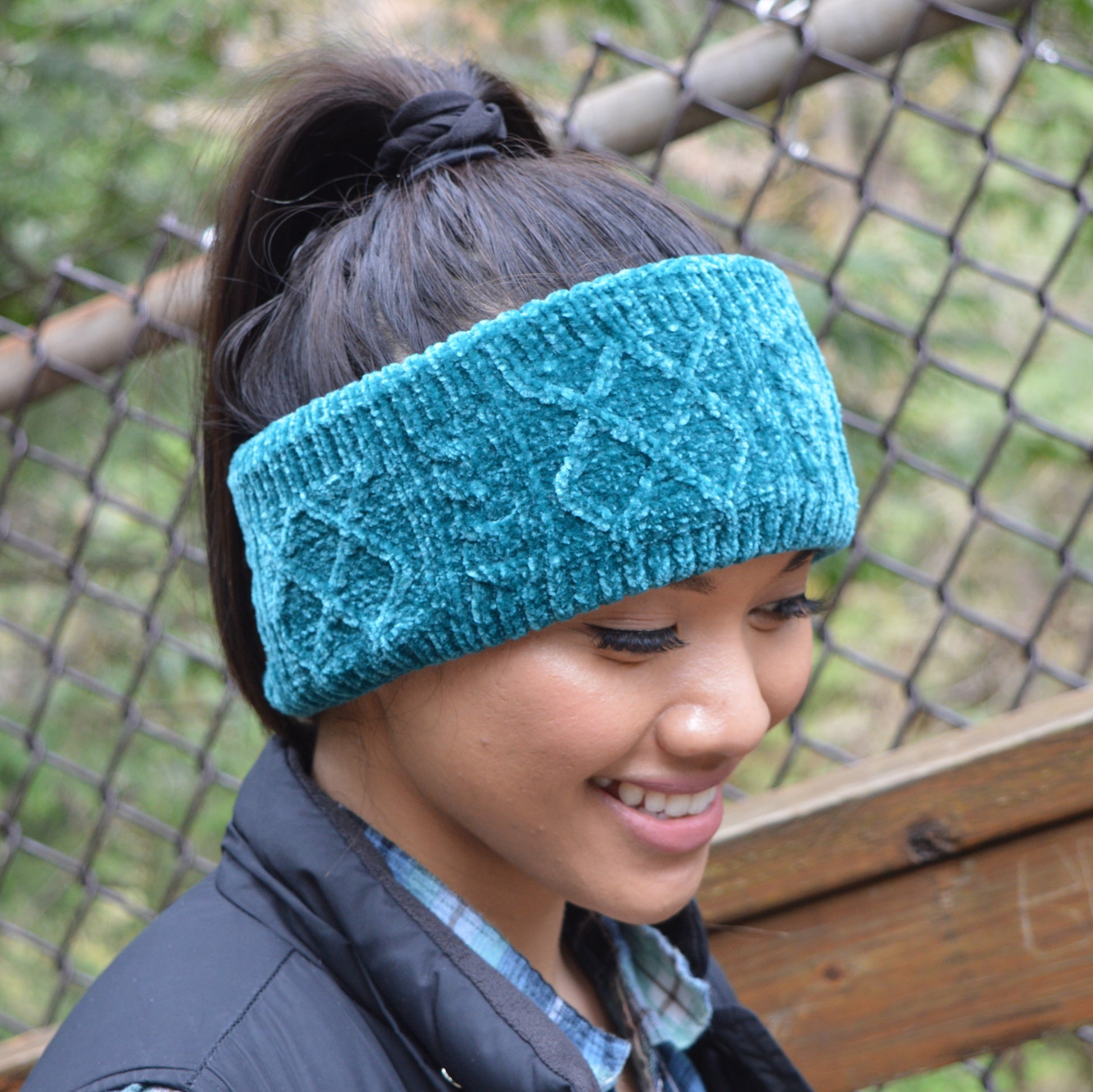 Pudus Harbor Teal Chenille Cable Knit Headband for Women - Ear Warmer, Winter Headband with Warm Faux Fur Fleece