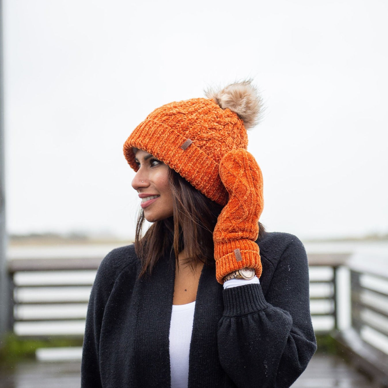 Winter Mittens in Peach Caramel Chenille Cable Knit - Adult Warm Gloves