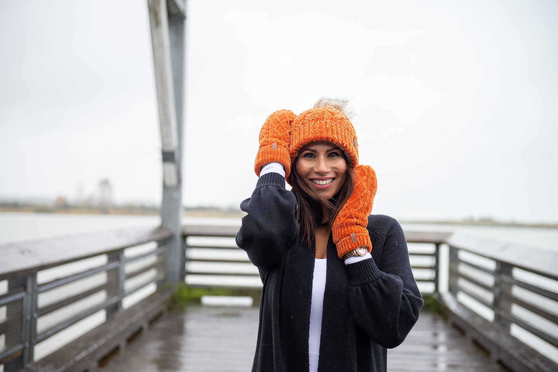 Winter Mittens in Peach Caramel Chenille Cable Knit - Adult Warm Gloves