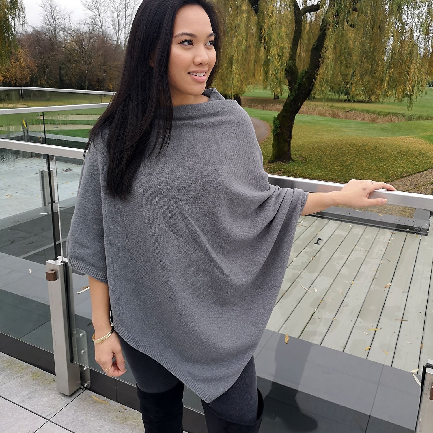 Grey Poncho - Women's Faux Cashmere Poncho Sweater, Wrap, Shawl, or Travel Blanket