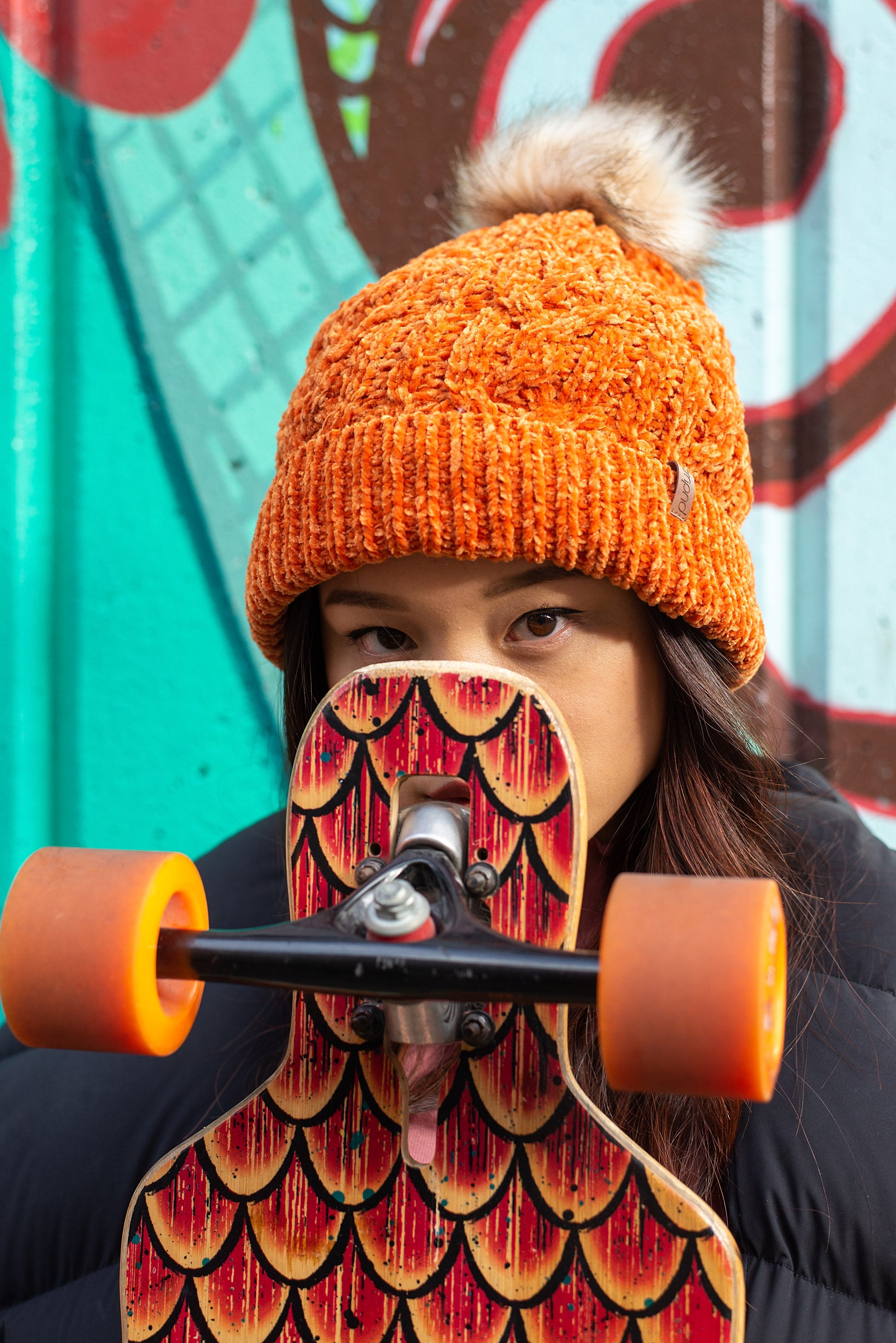 Pudus Winter Cable Knit Chenille Toque in Peach Caramel with Fuzzy Pom Pom and Faux Fur Sherpa Fleece Lining