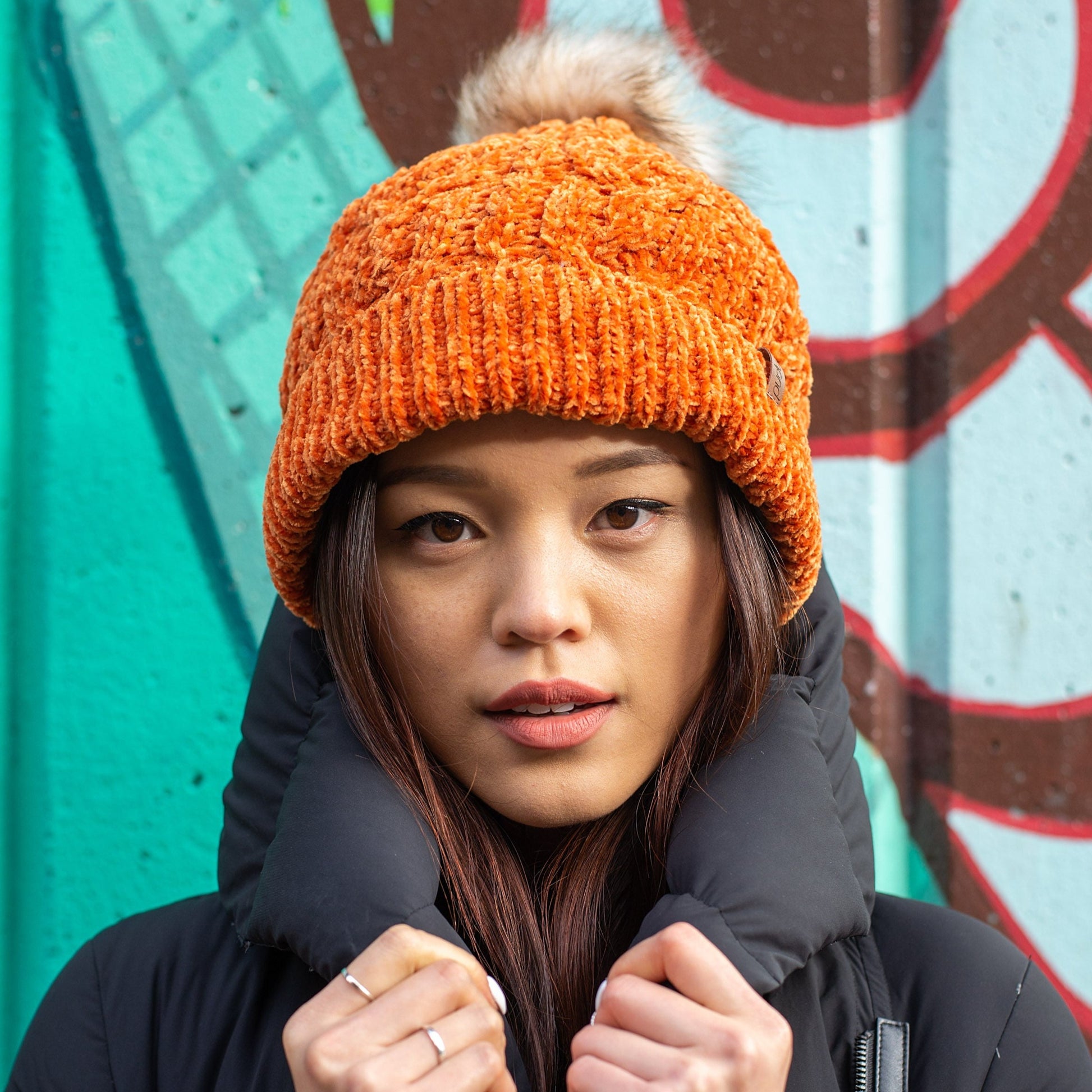 Pudus Winter Cable Knit Chenille Toque in Peach Caramel with Fuzzy Pom Pom and Faux Fur Sherpa Fleece Lining